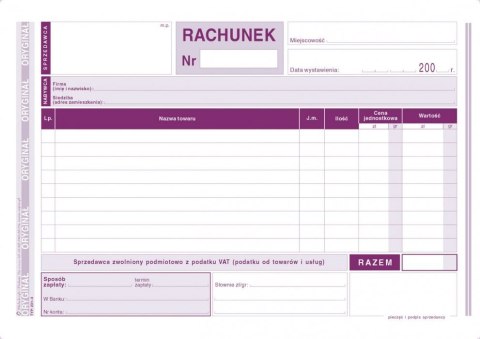 Rachunek dla zwolnionych podmiotowo z VAT A5, 80 kartek (1+1) 10-231-3 DOTTS