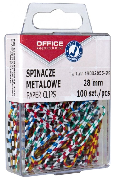 Spinacze metalowe OFFICE PRODUCTS Zebra, powlekane, 28mm, w pudełku, 100szt., mix kolorów
