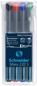 Zestaw foliopisów permanentnych SCHNEIDER Maxx 220, S, 0,4 mm, 4 szt., pudełko z zawieszką, mix kolorów