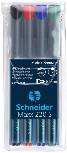Zestaw foliopisów permanentnych SCHNEIDER Maxx 220, S, 0,4 mm, 4 szt., pudełko z zawieszką, mix kolorów