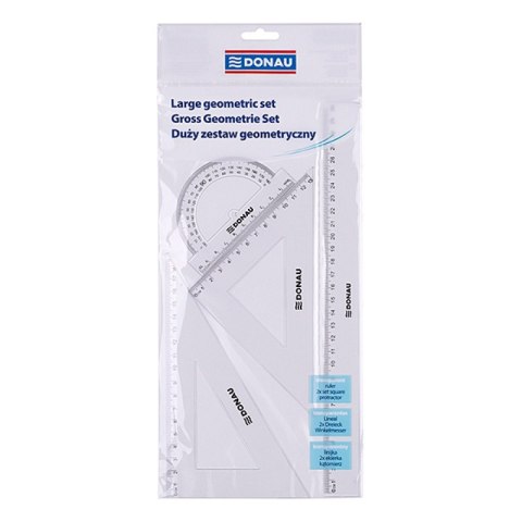 Zestaw geometryczny DONAU, duży, z linijką 30cm, zawieszka, transparentny