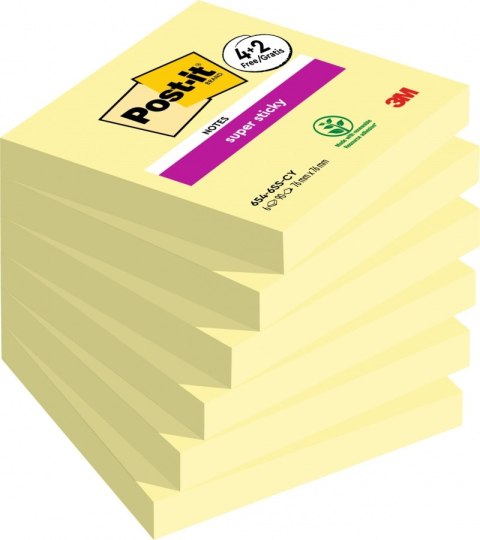 Karteczki samoprzylepne POST-IT® Super Sticky (654-P6SSCY-EU), 76x76mm, 90 kart./bloczek, 4 + 2 bloczki GRATIS, kanarkowo żółte