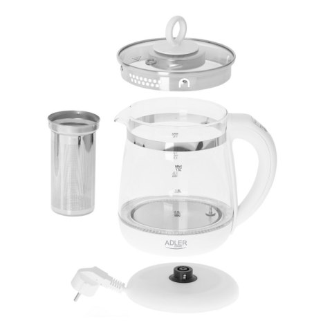 Czajnik elektryczny ADLER AD 1299, 1,5L, z regulacją temperatury i zaparzaczem, szklany, biały