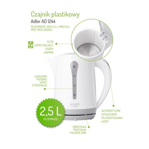 Czajnik elektryczny ADLER AD 1244, 2,5L, tworzywo, biały