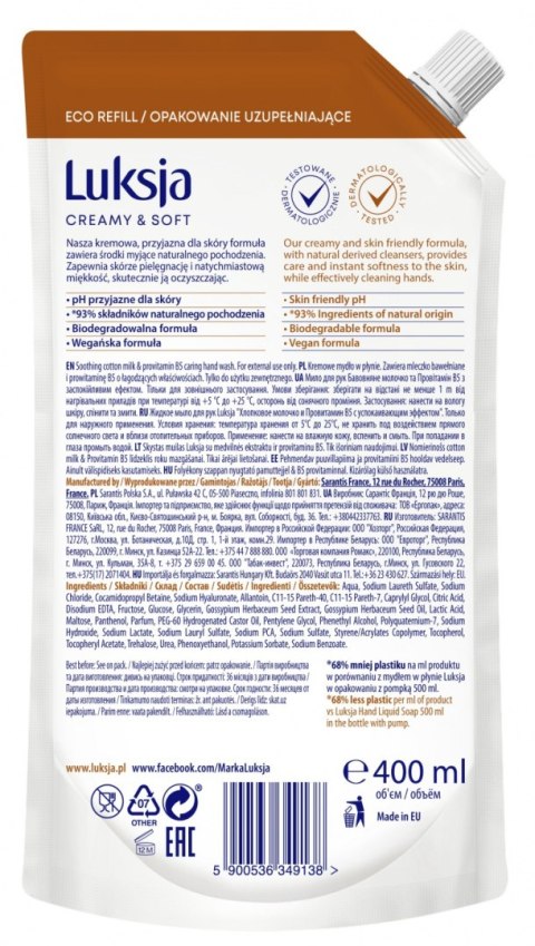 Kremowe mydło w płynie LUKSJA, bawełna, zapas 400ml