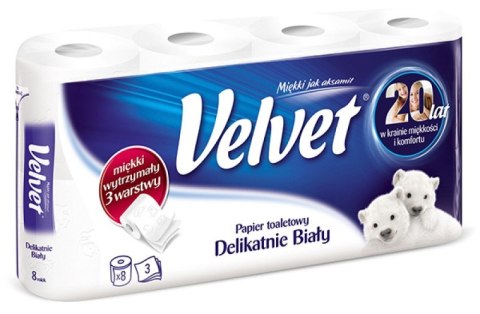 Papier toaletowy celulozowy VELVET Delikatnie Biały, 3-warstwowy, 150 listki, 8szt., biały