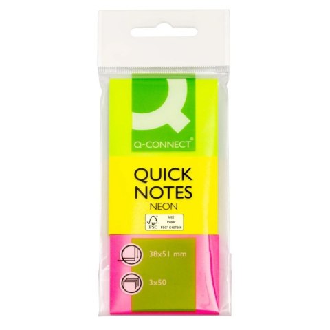 Bloczek samoprzylepny Q-CONNECT, 38x51mm, 3x50 kart., neon, mix kolorów