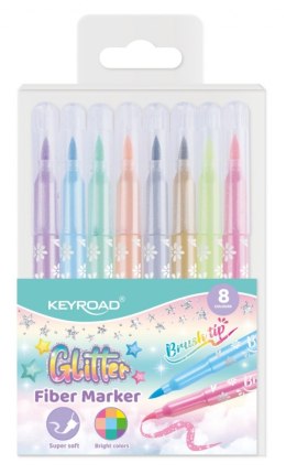 Flamastry KEYROAD Fiber Marker Glitter, zakończone pędzelkiem, brokatowe, 8 szt., mix kolorów pastelowych
