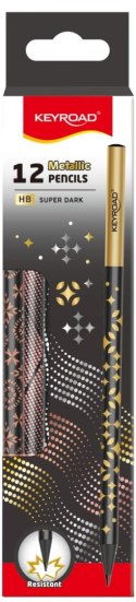 Ołówek KEYROAD Metallic, okrągły, czarne drewno, 12 szt., holograficzne wzory