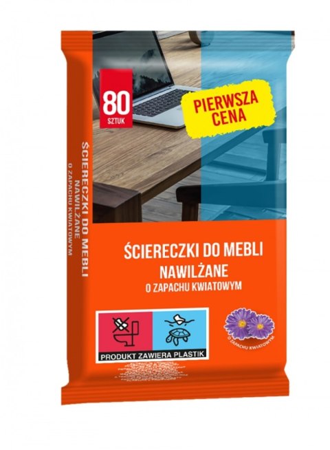 Ściereczki nawilżane PIERWSZA CENA, do mebli, zapach kwiatowy, 80 szt., białe