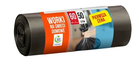 Worki na śmieci PIERWSZA CENA, domowe, 60 l, 50 szt., czarne