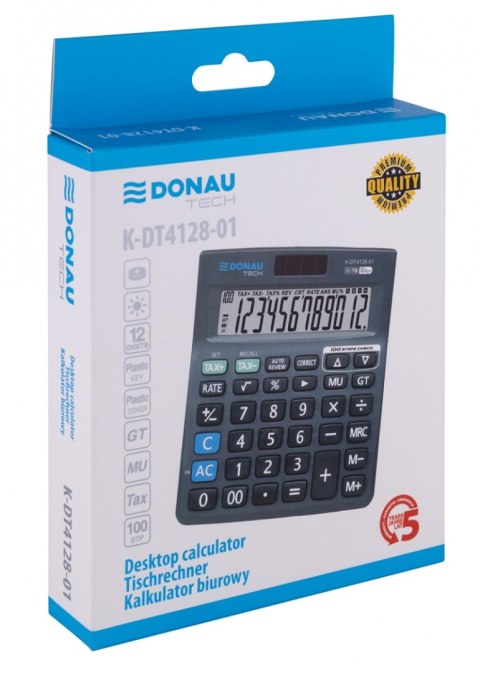 Kalkulator biurowy DONAU TECH, 12-cyfr. wyświetlacz, wym. 140x122x30 mm, czarny
