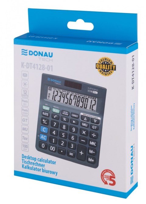 Kalkulator biurowy DONAU TECH, 12-cyfr. wyświetlacz, wym. 140x122x30 mm, czarny