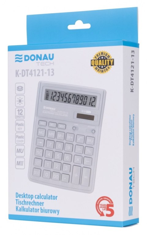 Kalkulator biurowy DONAU TECH, 12-cyfr. wyświetlacz, wym. 190x143x40 mm, jasny szary
