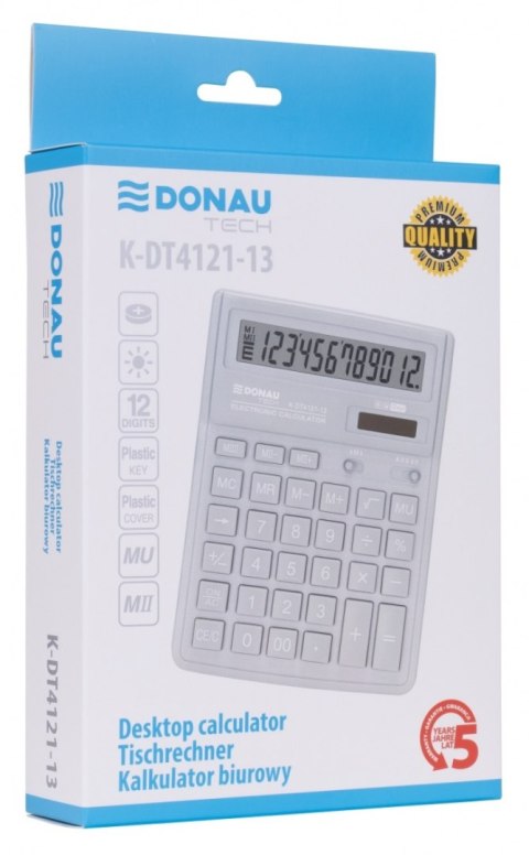 Kalkulator biurowy DONAU TECH, 12-cyfr. wyświetlacz, wym. 190x143x40 mm, jasny szary