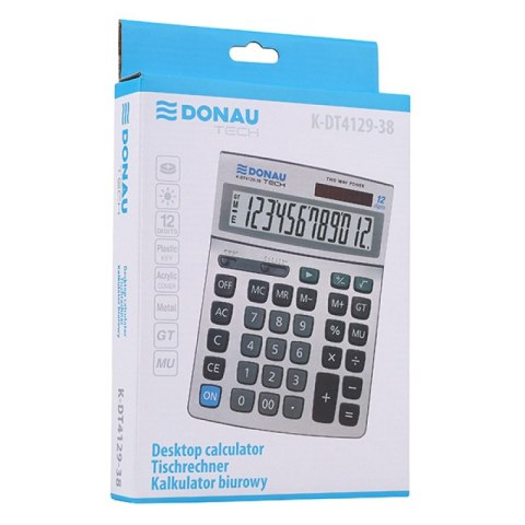 Kalkulator biurowy DONAU TECH, 12-cyfr. wyświetlacz, wym. 210x154x37 mm, metalowa obudowa, srebrny