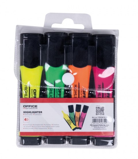 Zestaw zakreślaczy fluorescencyjnych OFFICE PRODUCTS z gumowym uchwytem, 2-5mm, 4 szt., w etui, mix kolorów