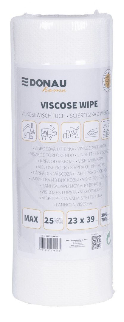 Ścierka DONAU HOME, z wiskozą 70%, rolka, max, 23x39cm, 25 listków, biała
