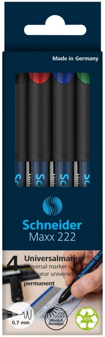 Zestaw foliopisów permanentnych SCHNEIDER Maxx 222, F, 0,7mm, 4 szt., miks kolorów