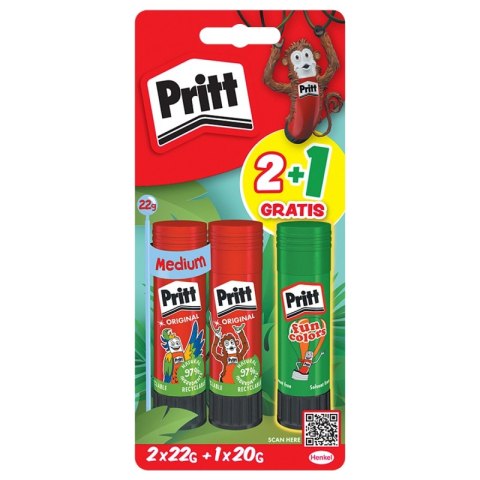 Klej w sztyfcie PRITT, 2x22g + 1x20g neon, blister, mix kolorów