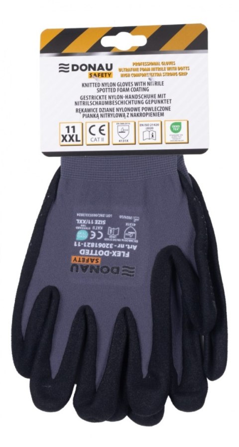 Rękawice DONAU SAFETY Flex-Dotted, kat. II, rozm. 11, szare
