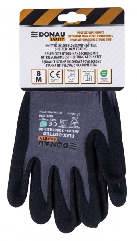 Rękawice DONAU SAFETY Flex-Dotted, kat. II, rozm. 8, szare