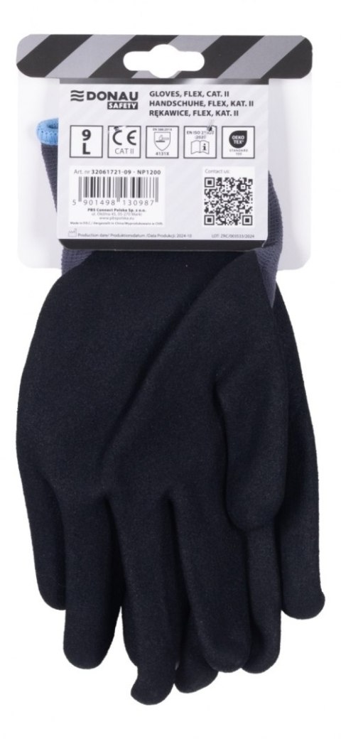Rękawice DONAU SAFETY Flex, kat. II, rozm. 9, szare