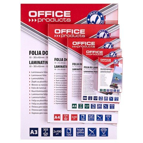 Folia do laminowania OFFICE PRODUCTS, 65x95mm, 2x125mikr., błyszcząca, 100szt., transparentna
