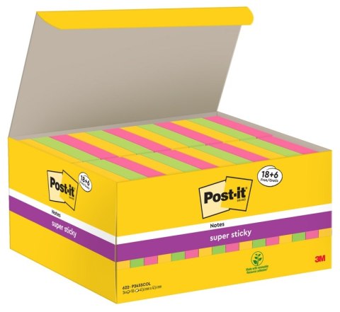 Karteczki samoprzylepne POST-IT® Super Sticky (622-P24SSCOL), 47,6x47,6mm, 90 kart./bloczek, 18 + 6 bloczków GRATIS, mix kolorów