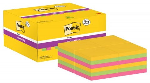 Karteczki samoprzylepne POST-IT® Super Sticky (622-P24SSCOL), 47,6x47,6mm, 90 kart./bloczek, 18 + 6 bloczków GRATIS, mix kolorów