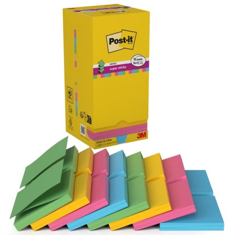 Karteczki samoprzylepne POST-IT® Super Sticky Z-Notes (R330-SS-VP16), 76x76mm, 90 kart./bloczek, 14+2 bloczki, mix kolorów