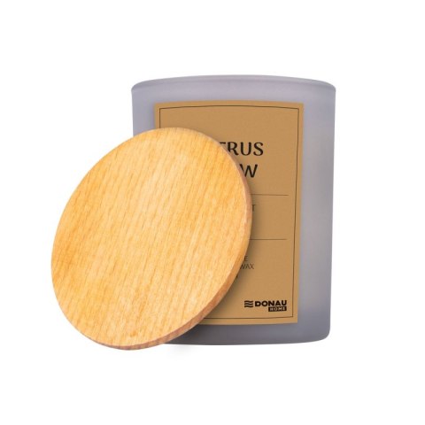 Świeca sojowa DONAU HOME, w szarym szkle, drewniana pokrywa i knot, Citrus Glow, 200g