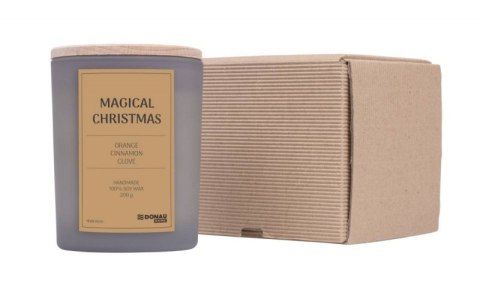 Świeca sojowa DONAU HOME, w szarym szkle, drewniana pokrywa i knot, Magia Świąt, 200g