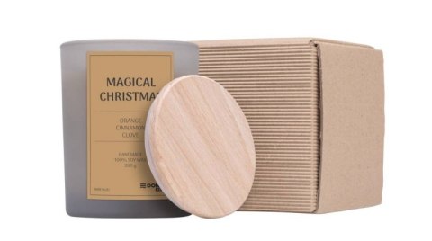 Świeca sojowa DONAU HOME, w szarym szkle, drewniana pokrywa i knot, Magia Świąt, 200g