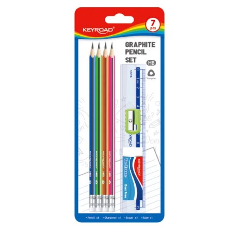 Zestaw szkolny KEYROAD Pencil Set HB, 7 elementów, blister, mix kolorów