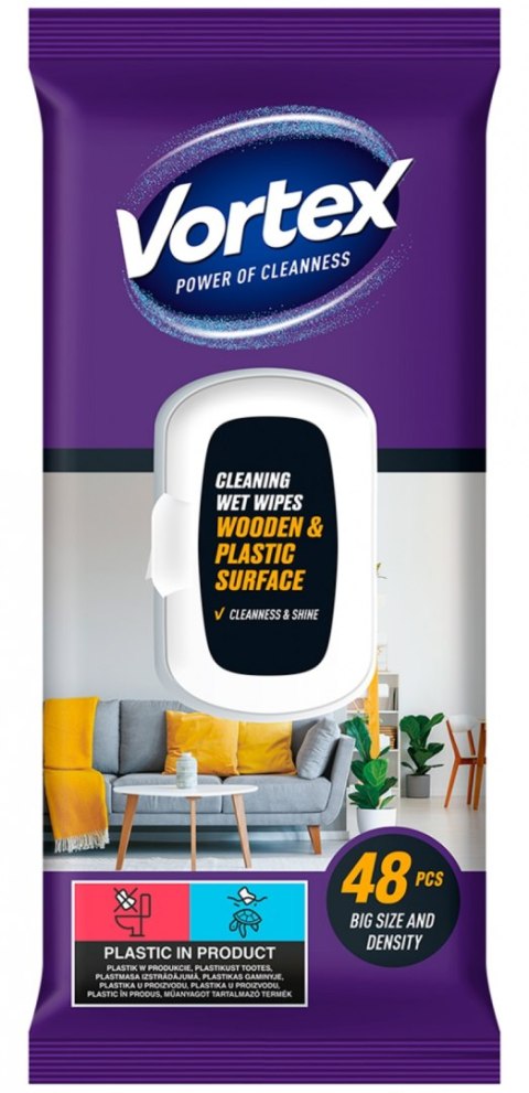 Chusteczki nawilżane VORTEX, do mebli, z klapką, 48 szt.