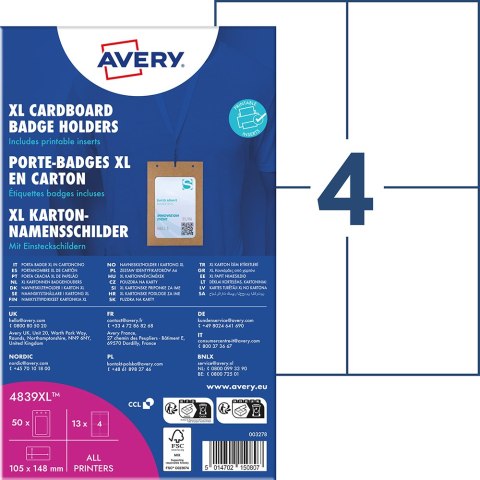 Holdery A6 tekturowe, zestaw ekologicznych identyfikatorów 105 x 148 mm, opak. XL, 50szt. etui na identyfikatory + 52 wkłady, Av