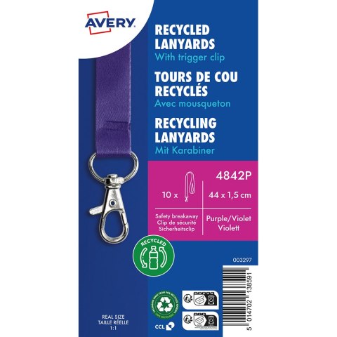 Smycz na identyfikator z recyklingowanego PET, 10 szt.; 15 x 440 mm; fioletowe smycze, Avery 4842P
