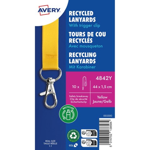 Smycz na identyfikator z recyklingowanego PET, 10 szt.; 15 x 440 mm; żółte smycze, Avery 4842Y