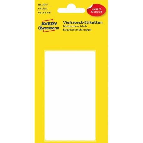 Minietykiety do opisywania ręcznego 98 x 51 mm, trwałe etykiety papierowe, białe etykiety samoprzylepne 6 etyk. /op., Avery 3047