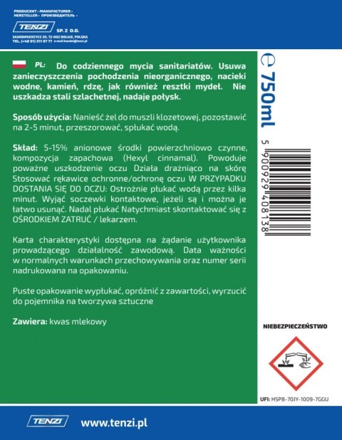 Żel do mycia i sanifakcji sanitariatów TENZI, 0,75l