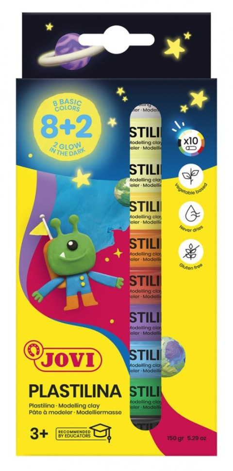 Zestaw plasteliny JOVI, 10x15g, 8 kolorów basic + 2 świecące w ciemności, mix kolorów