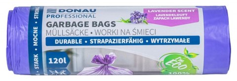 Worki na śmieci DONAU PROFESSIONAL, wytrzymałe, mocne, z uszami, 120l, 10 szt., zapach lawendy, fioletowe