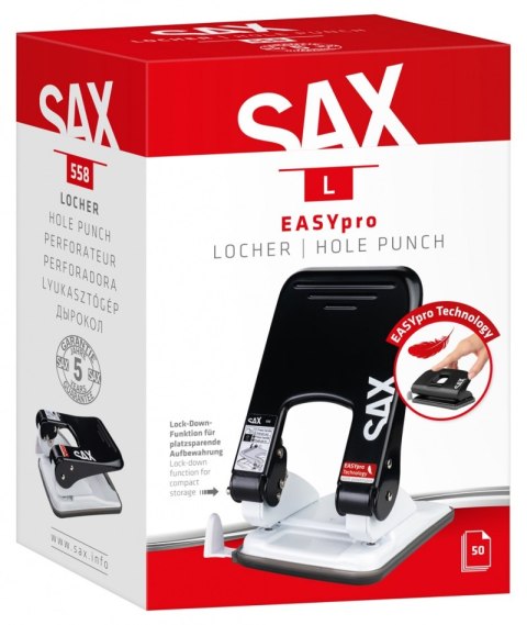 Dziurkacz SAX 558 EasyPro L, dziurkuje do 50 kartek, czarny