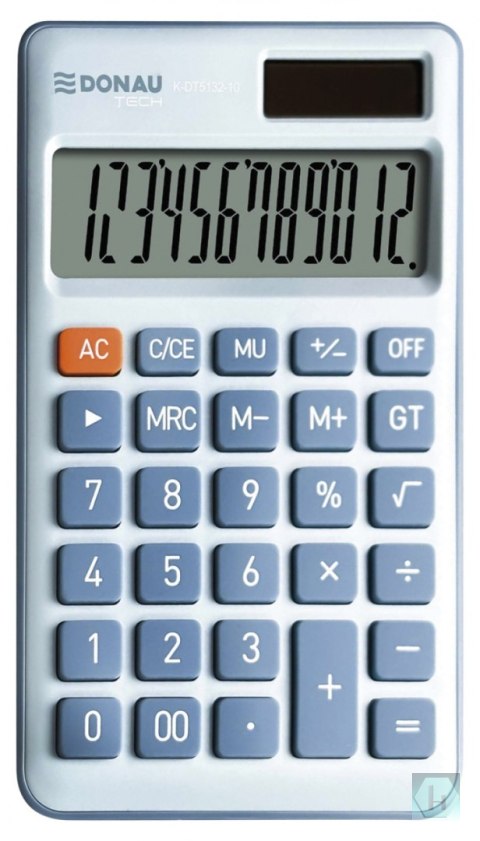 Kalkulator biurowy DONAU TECH, 12-cyfr. wyświetlacz, funkcja pierw., GT, wym. 137x84 mm, niebieski