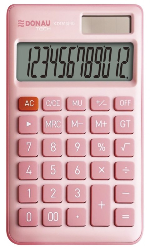 Kalkulator biurowy DONAU TECH, 12-cyfr. wyświetlacz, funkcja pierw., GT, wym. 137x84 mm, różowy