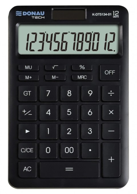 Kalkulator biurowy DONAU TECH, 12-cyfr. wyświetlacz, funkcja pierw., GT, wym. 166x104 mm, czarny