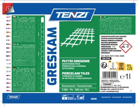 Płyn do czyszczenia płytek z kamienia sztucznego TENZI, Greskam, 1l