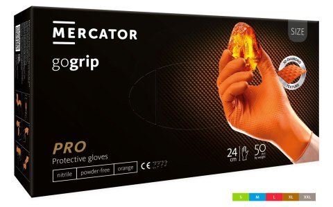 Rękawice nitrylowe bezpudrowe mocne/grube MERCATOR, GOGRIP pomarańczowe, (50 szt.), rozmiar XL, RP30061005