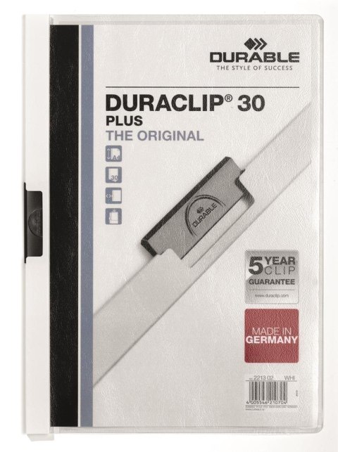 Skoroszyt DURABLE DURACLIP Plus zaciskowy A4 do 30 kartek biały 2213-02